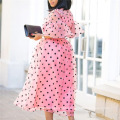 Pleated Pink Thin Tulle Belt Patchwork Polka Dot Sweet Girl Prom Dress